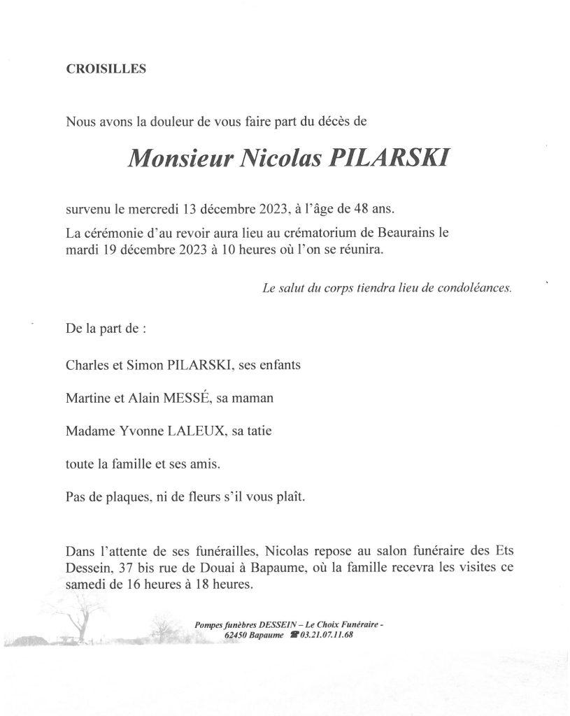 Avis de décès - Monsieur Nicolas PILARSKI