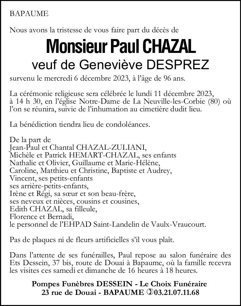 Avis de décès - Monsieur Paul CHAZAL