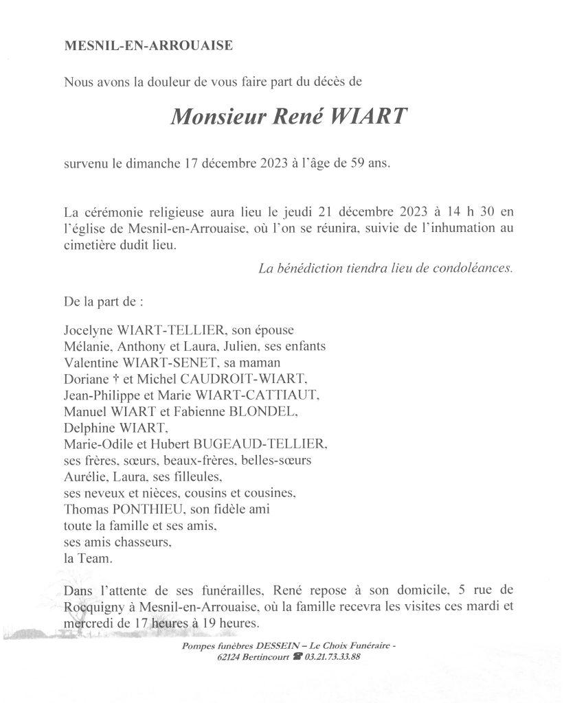 Avis de décès - Monsieur René WIART