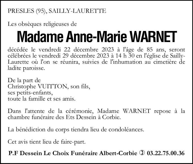 Avis de décès de Madame Anne-Marie WARNET