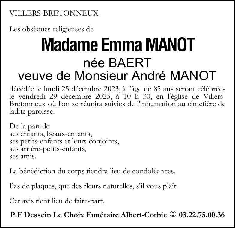 Avis de décès de Madame Emma MANOT née BAERT