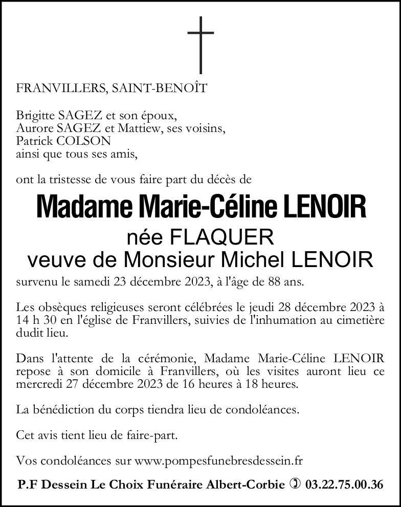 Avis de décès de Madame Marie-Céline LENOIR née FLAQUER