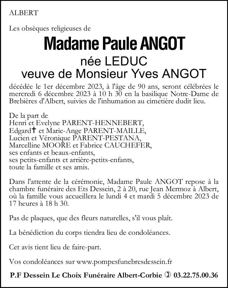 Avis de décès de Madame Paule ANGOT née LEDUC