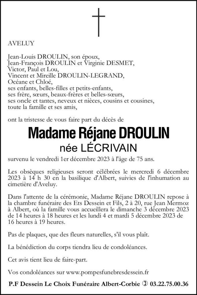 Avis de décès de Madame Réjane DROULIN née LÉCRIVAIN