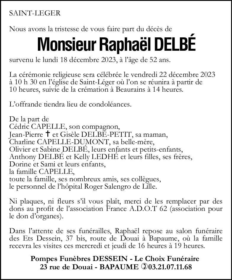 Avis de déès - Monsieur Raphaël DELBE