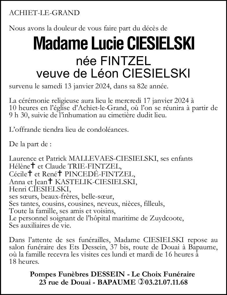 Avis de Décès - Madame Lucie CIESIELSKI née FINTZEL