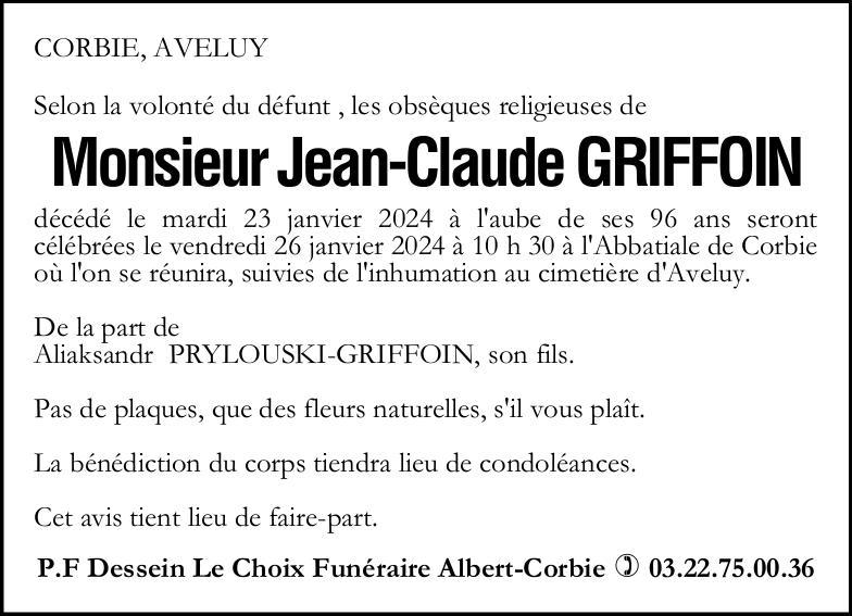 Avis de décès Jean-Claude GRIFFOIN