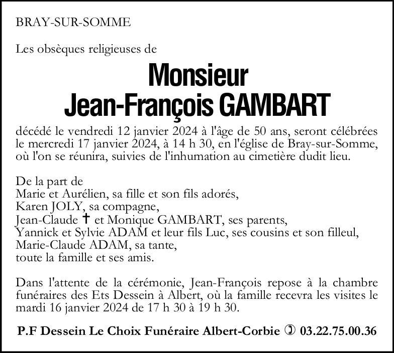 Avis de décès Jean-François GAMBART