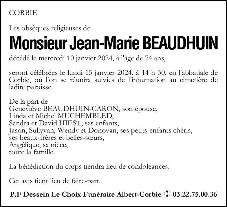 Avis de décès Jean-Marie BEAUDHUIN