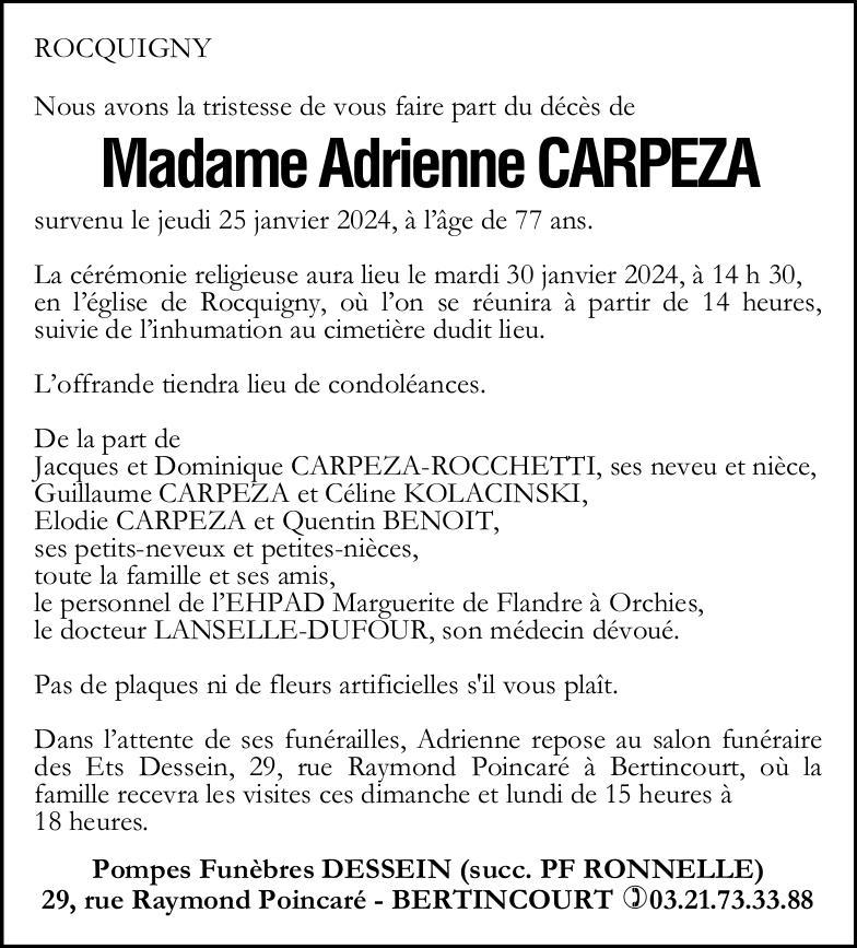 Avis de décès - Madame Adrienne CARPEZA