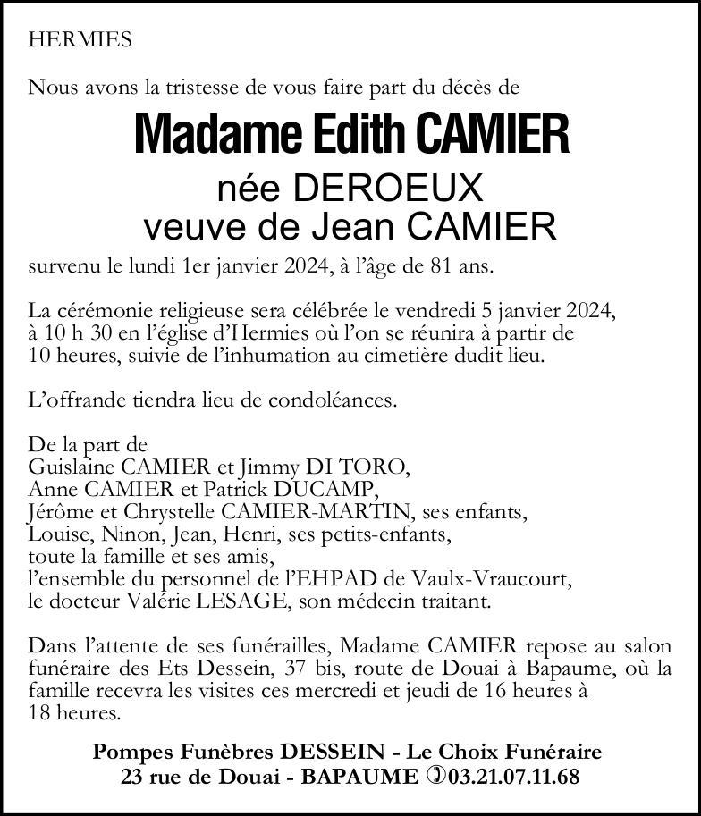 Avis de décès - Madame Edith CAMIER née DEROEUX
