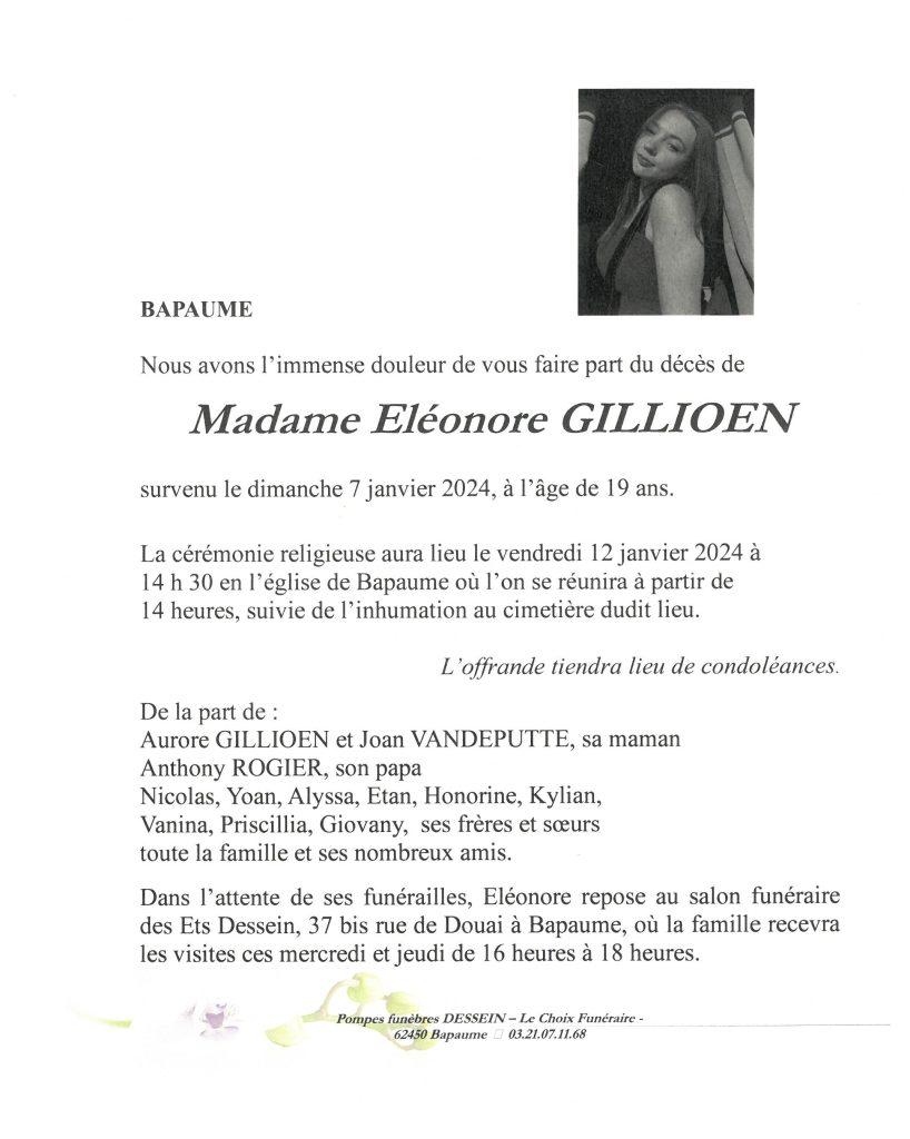 Avis de décès - Madame Eléonore GILLIOEN