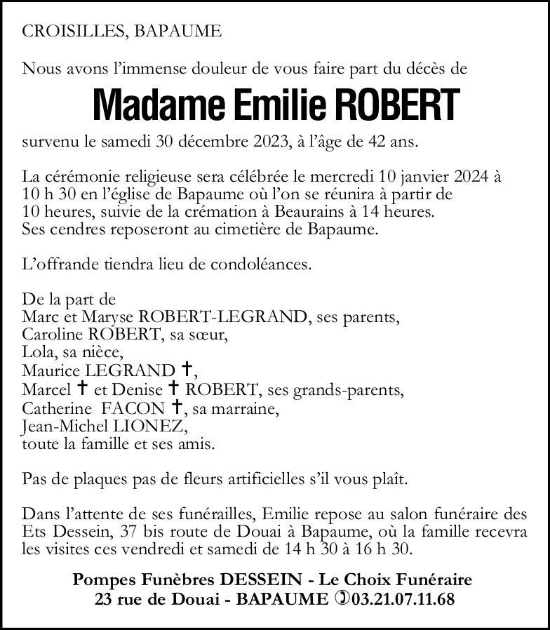 Avis de décès - Madame Emilie ROBERT