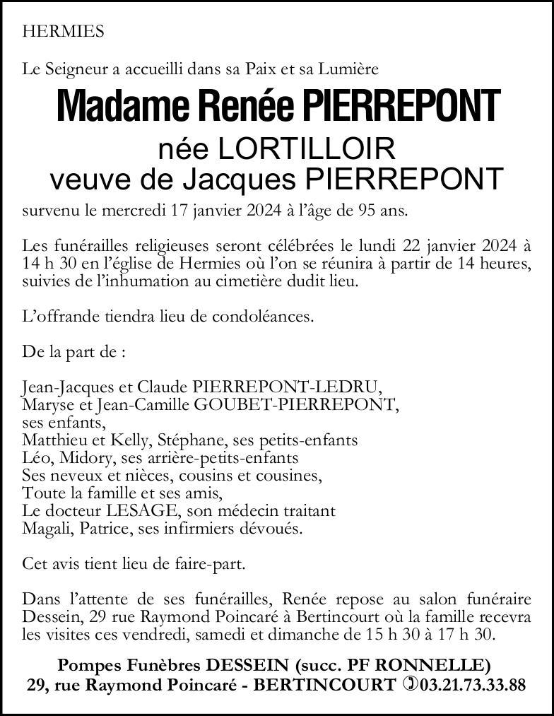 Avis de décès - Madame Renée PIERREPONT née LORTILLOIR