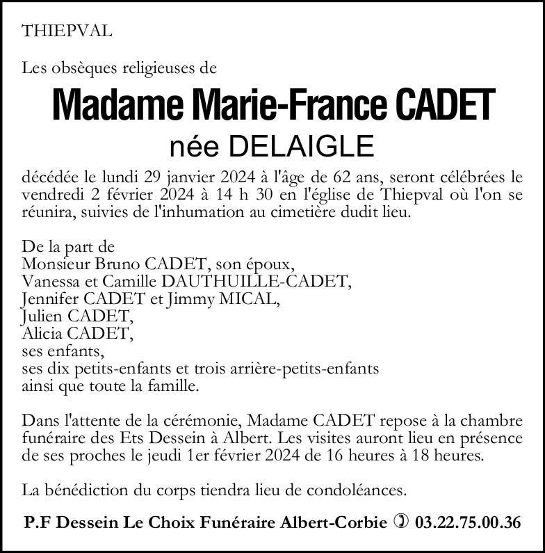 Avis de décès Marie-France CADET