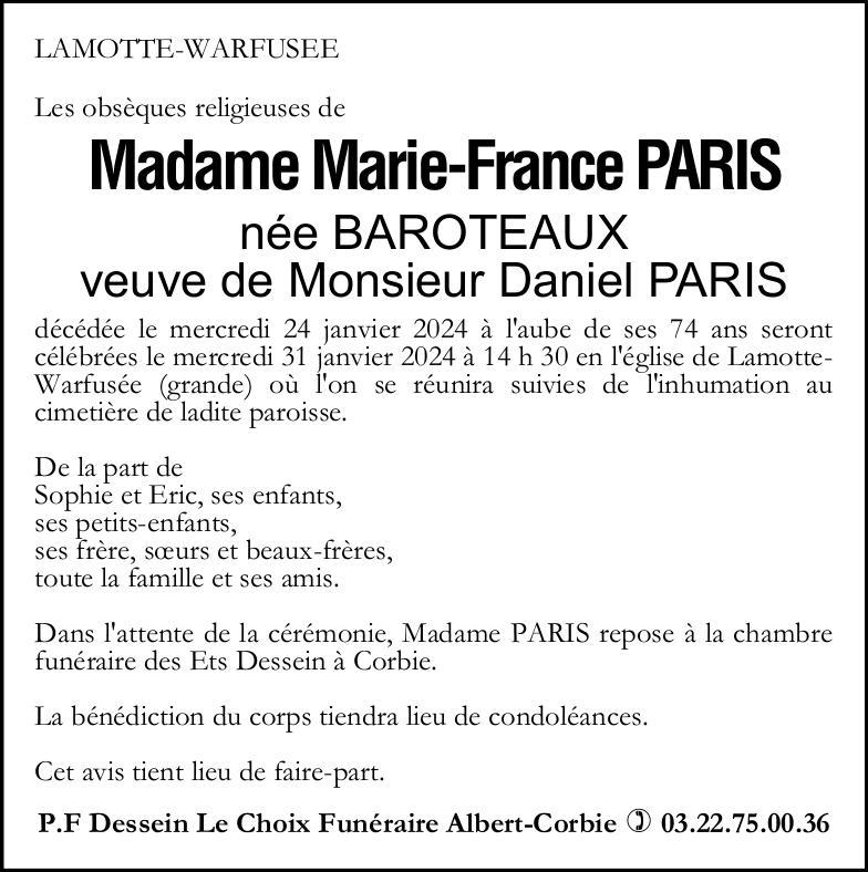 Avis de décès Marie-France PARIS