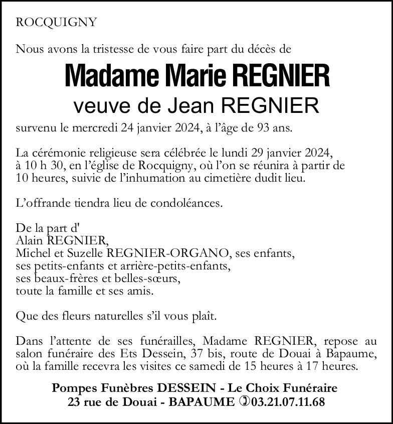 Avis de décès - Mme Marie REGNIER née REGNIER(1)