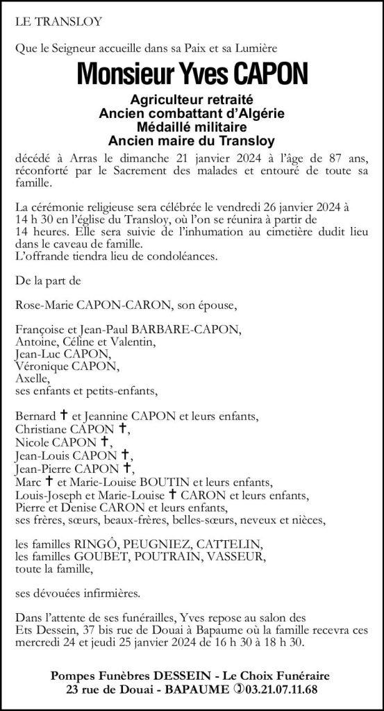 Avis de décès - Monsieur Yves CAPON