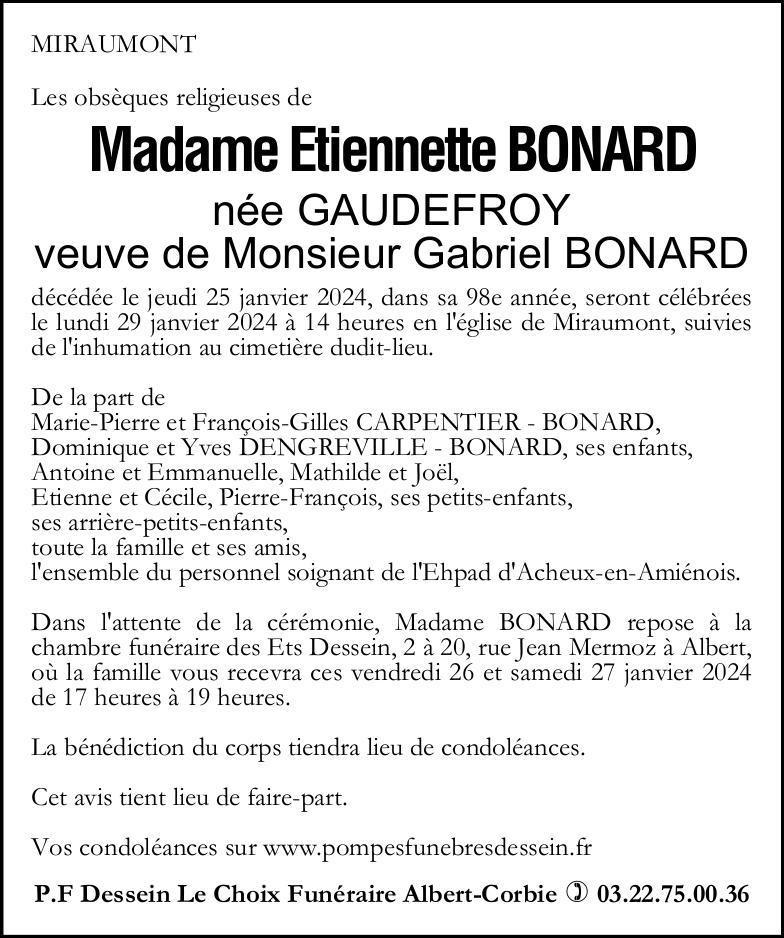Avis de décès de Madame Etiennette BONARD