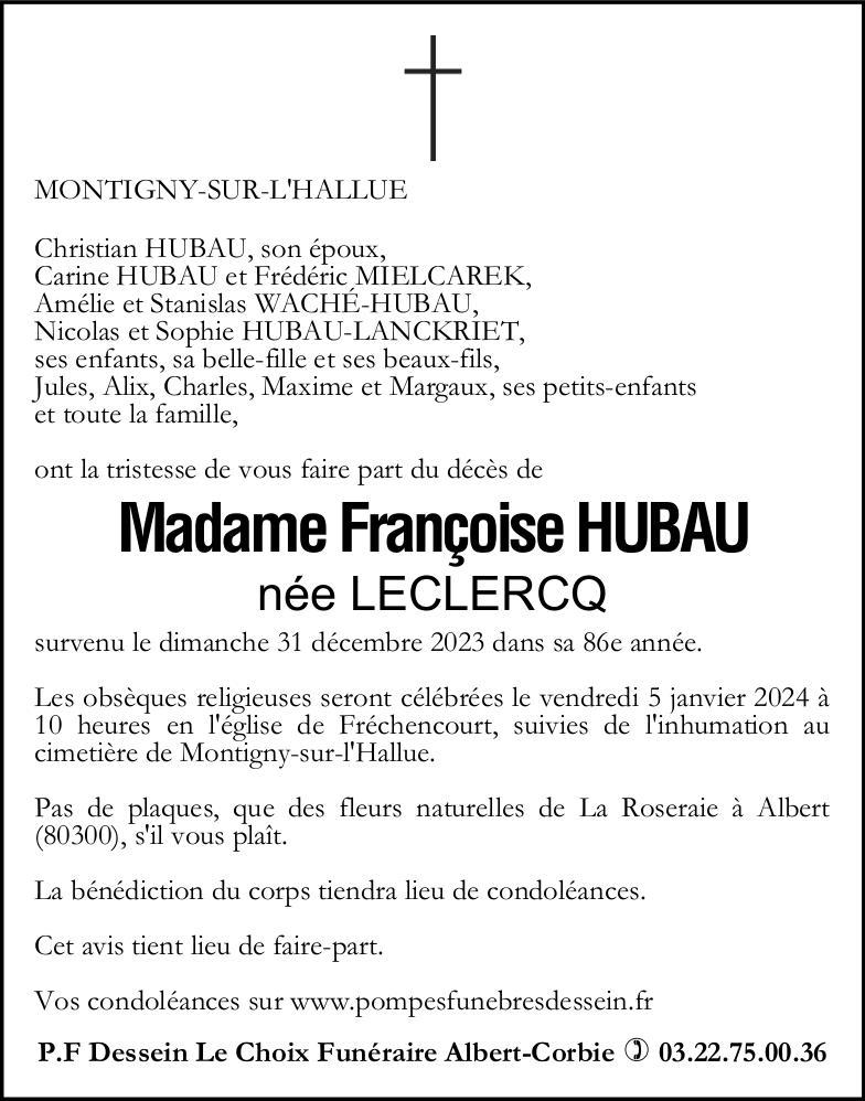 Avis de décès de Madame Françoise HUBAU née LECLERCQ