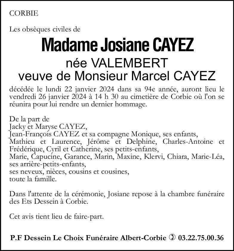 Avis de décès de Madame Josiane CAYEZ née VALEMBERT