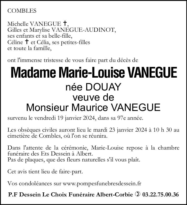 Avis de décès de Madame Marie-Louise VANEGUE