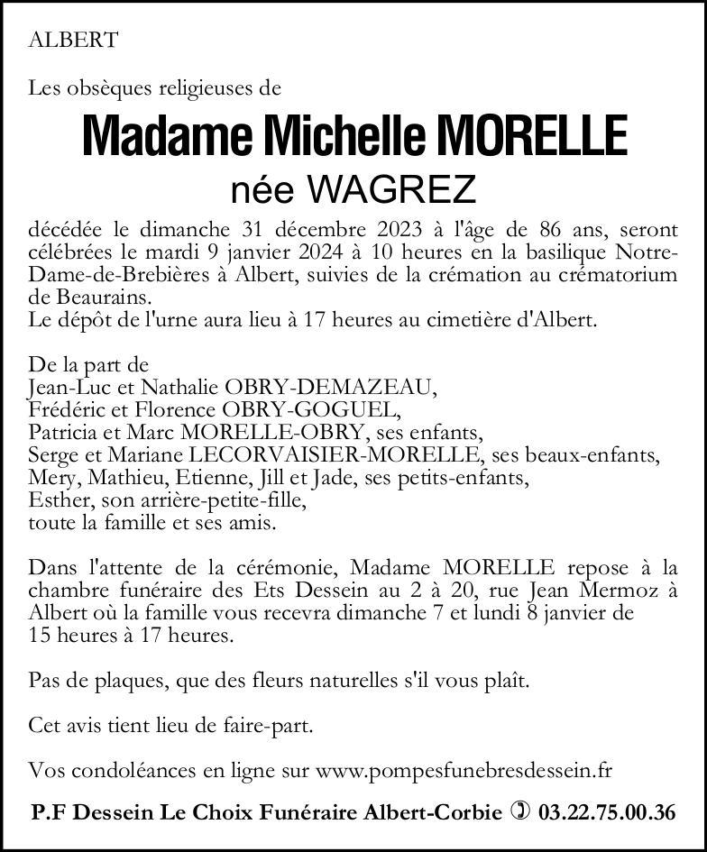 Avis de décès de Madame Michelle MORELLE née WAGREZ