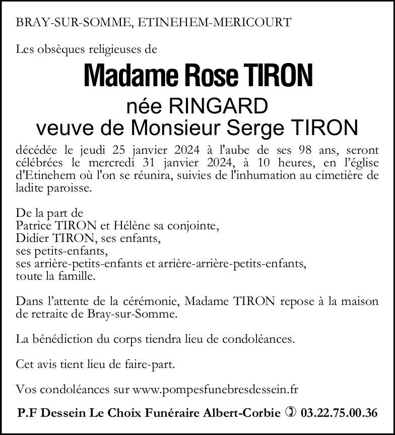 Avis de décès de Madame Rose TIRON née RINGARD