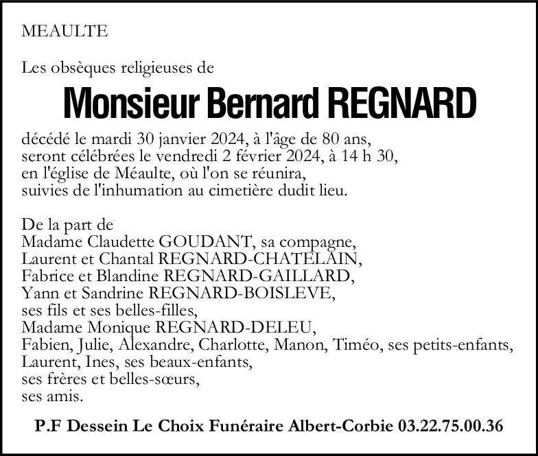 Avis de décès de Monsieur Bernard REGNARD