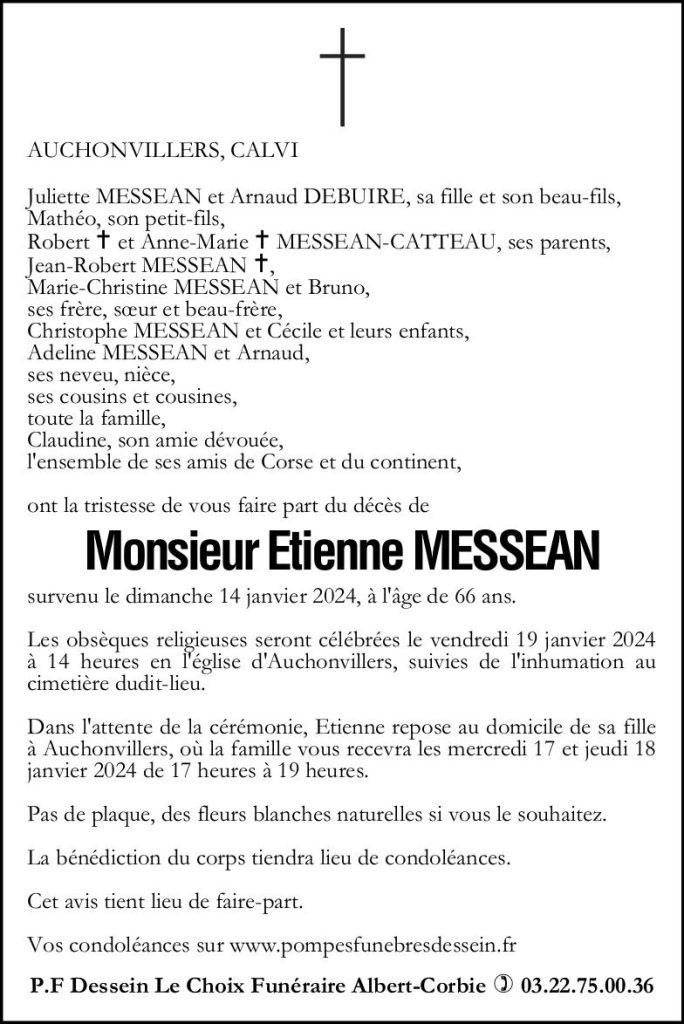 Avis de décès de Monsieur Etienne MESSEAN