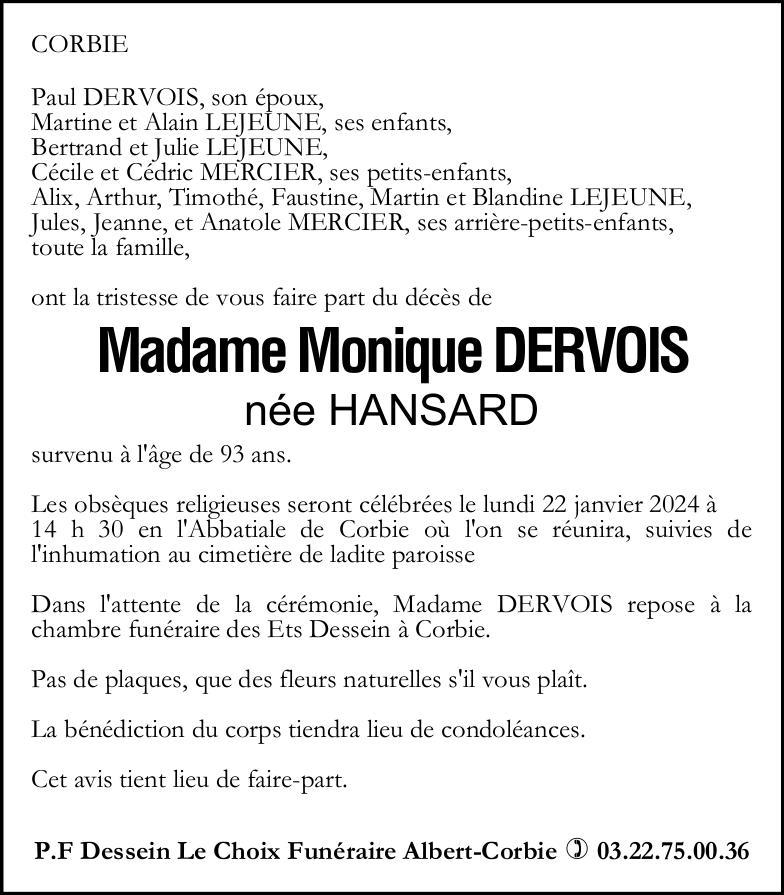 Avis de décès de Monsieur Monique DERVOIS née HANSARD