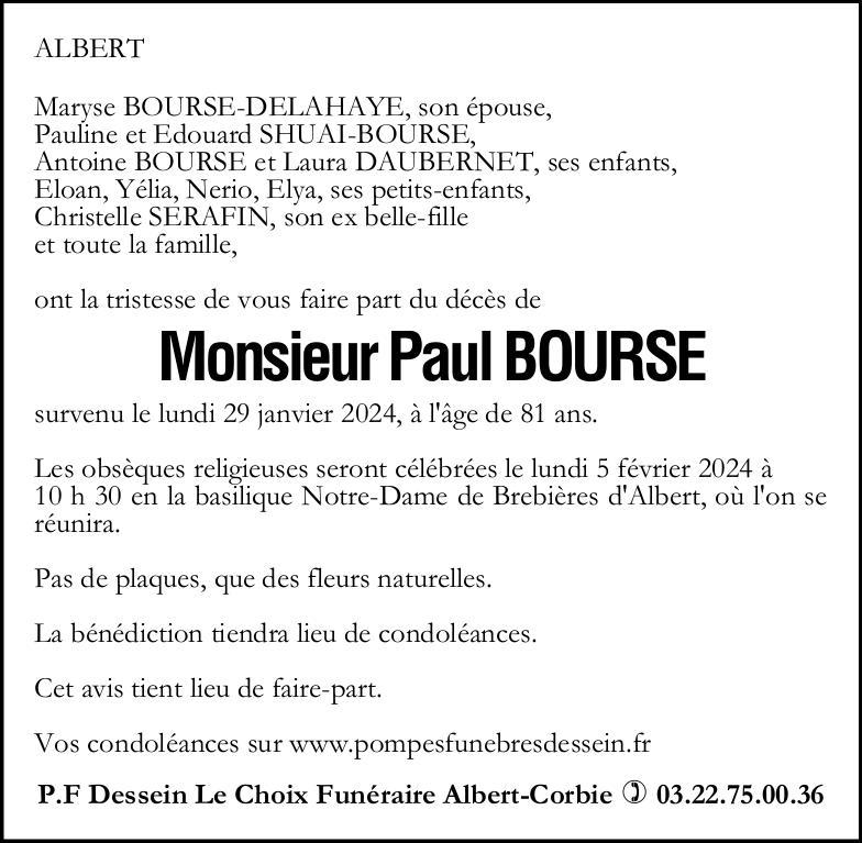 Avis de décès de Monsieur Paul BOURSE