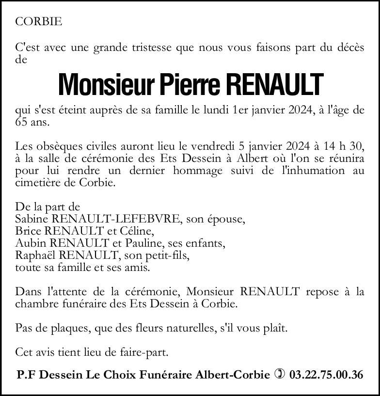 Avis de décès de Monsieur Pierre RENAULT