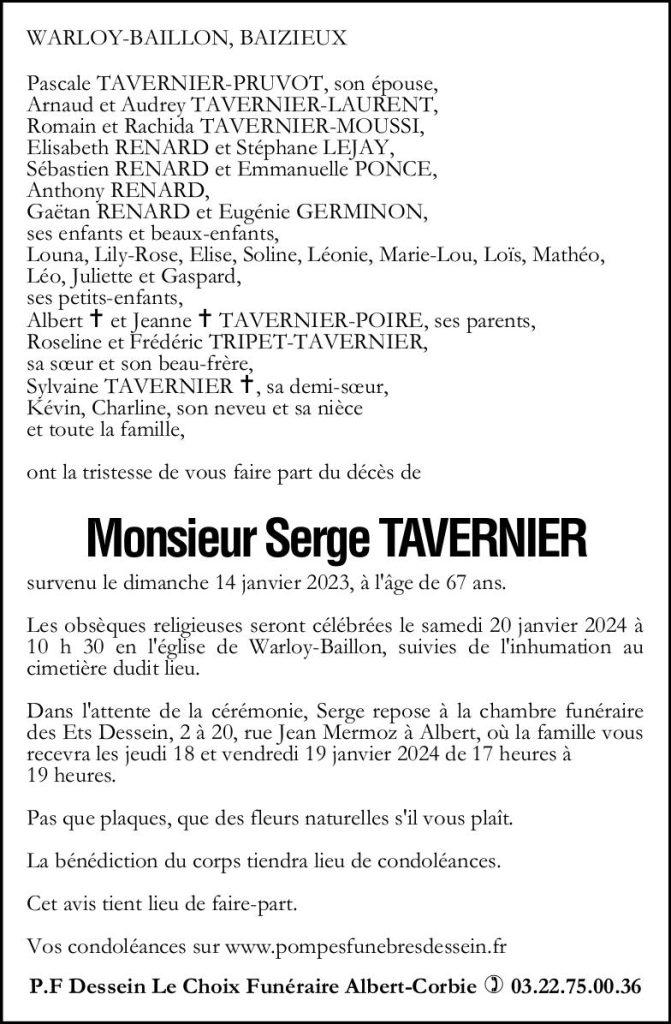 Avis de décès de Monsieur Serge TAVERNIER