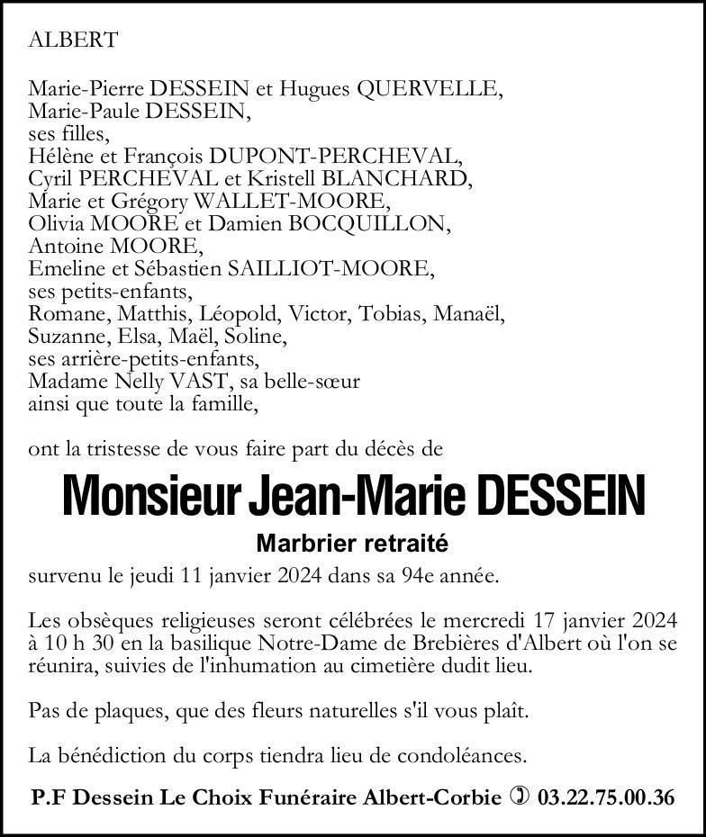 avis de décès de Jean-Marie DESSEIN