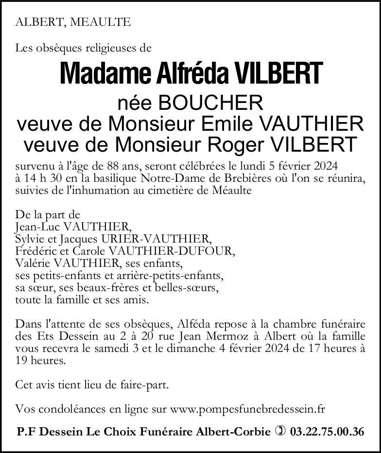 Avis de décès Alfréda VILBERT