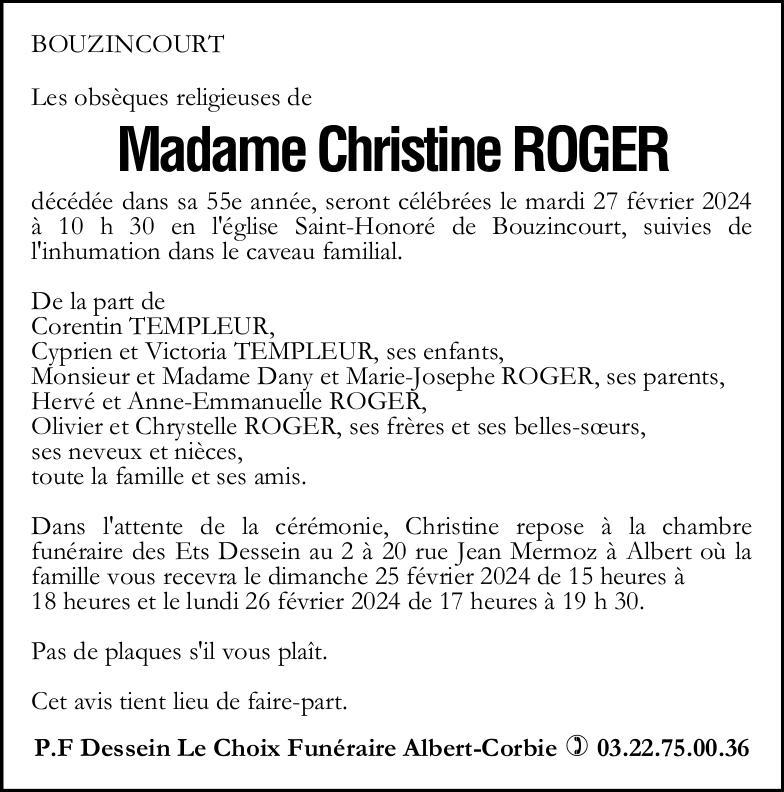 Avis de décès Christine ROGER