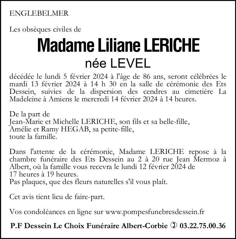 Avis de décès Liliane LERICHE