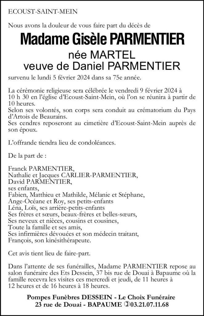 Avis de décès - Madame Gisèle PARMENTIER née MARTEL