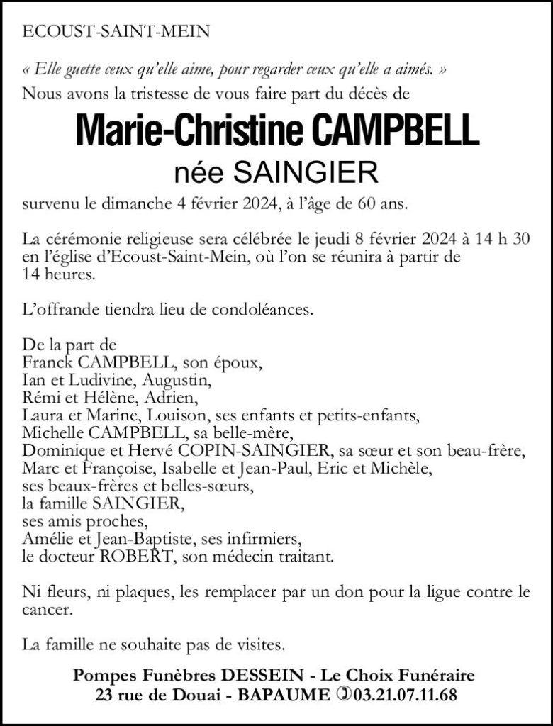 Avis de décès - Madame Marie-Christine CAMPBELL née SAINGIER