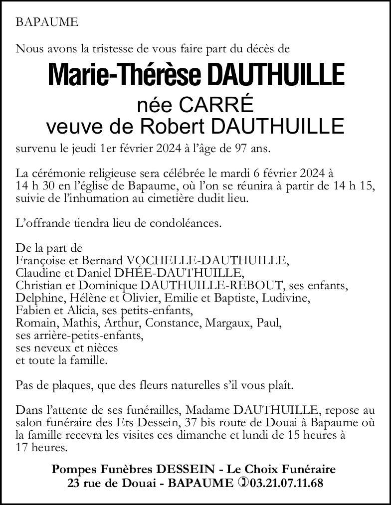 Avis de décès - Madame Marie-Thérèse DAUTHUILLE née CARRE