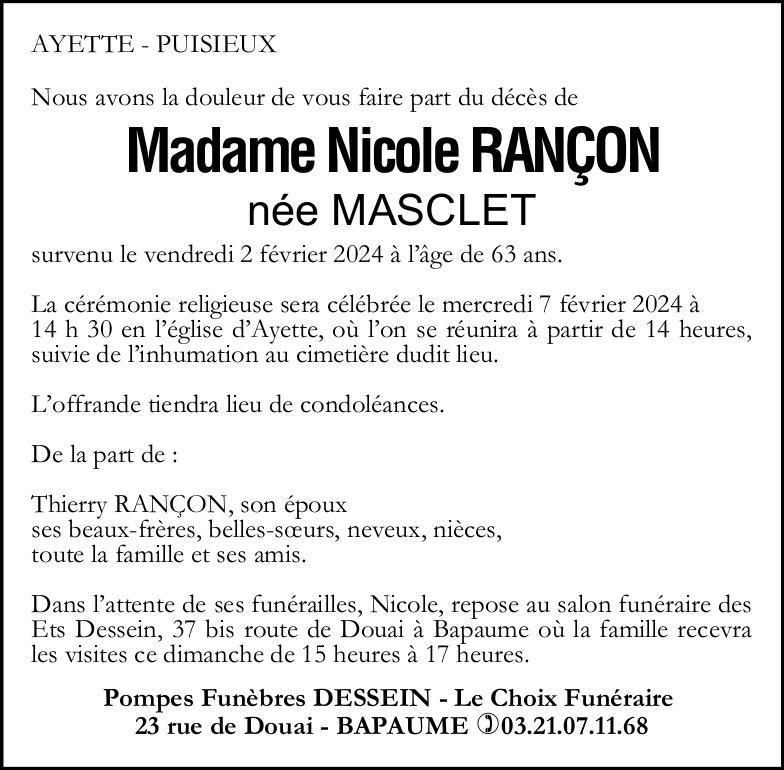 Avis de décès - Madame Nicole RANCON née MASCLET