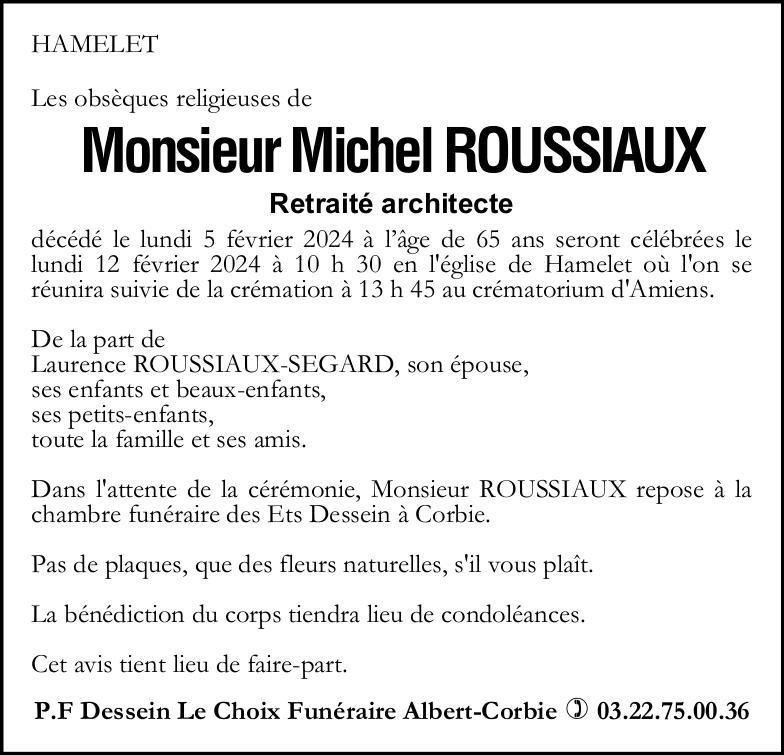 Avis de décès Michel ROUSSIAUX