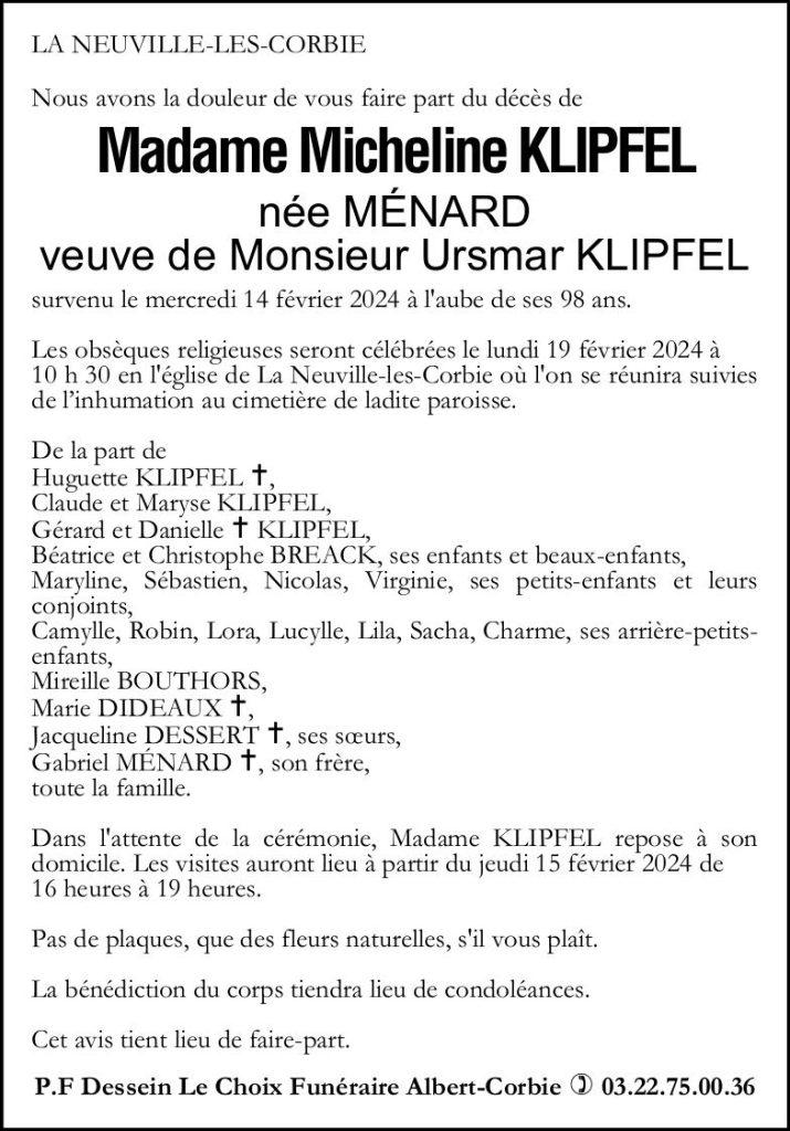 Avis de décès Micheline KLIPFEL