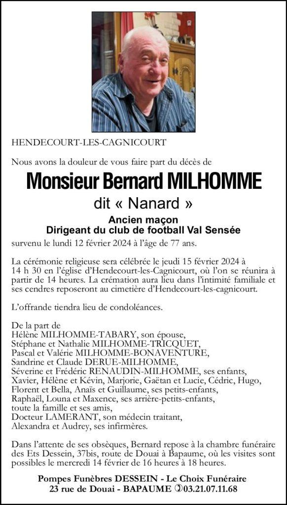 Avis de décès - Monsieur Bernard MILHOMME