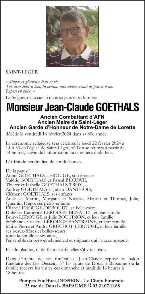 Avis de décès - Monsieur Jean-Claude GOETHALS