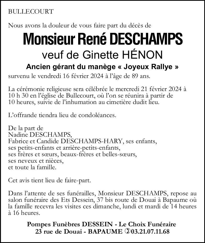 Avis de décès - Monsieur René DESCHAMPS