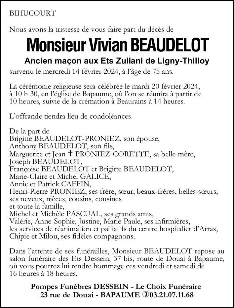 Avis de décès - Monsieur Vivian BEAUDELOT