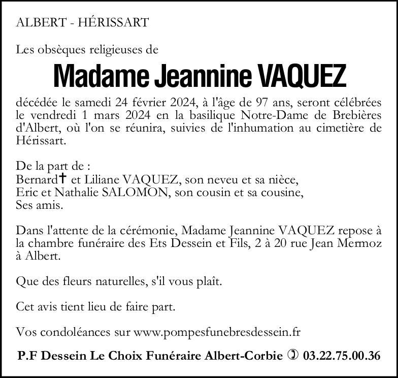 Avis de décès de Madame Jeannine VAQUEZ