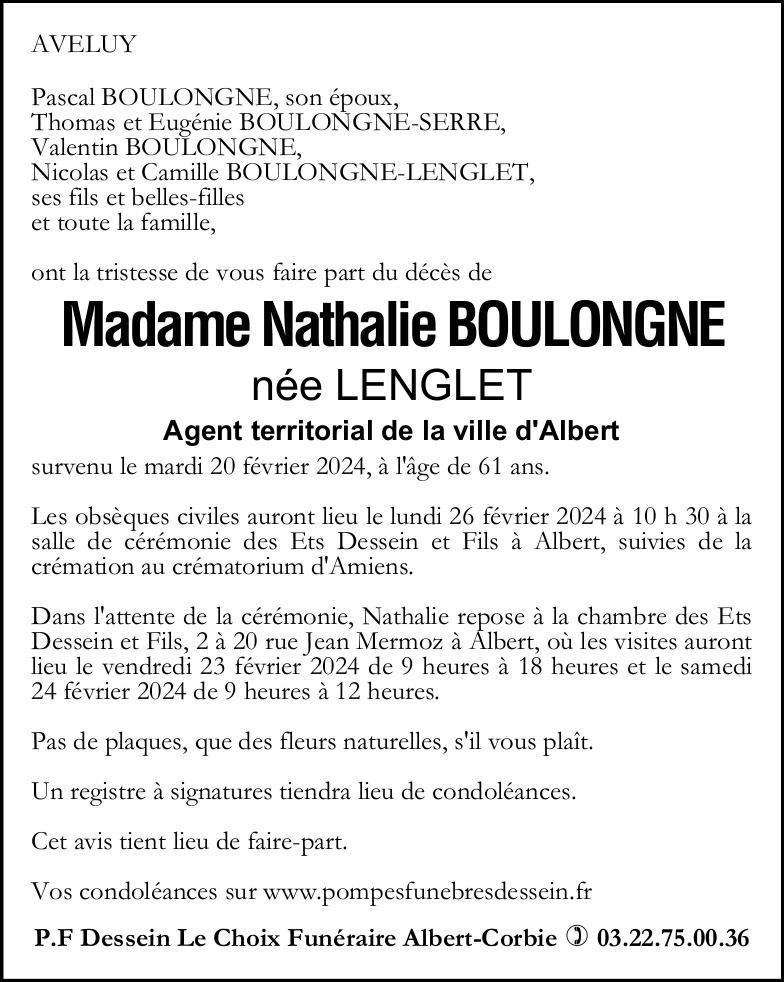 Avis de décès de Madame Nathalie BOULONGNE née LENGLET